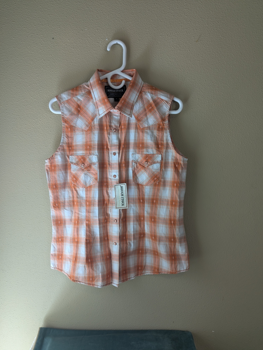 Panhandle Slim Rough Stock Orange and White Plaid Sleeveless Button-Down Shirt